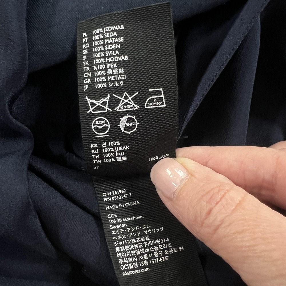 COS Silk Shift Dress Womens XS Navy Blue Cap Sleeve Belted Minimalist EU 32 - Picture 15 of 15